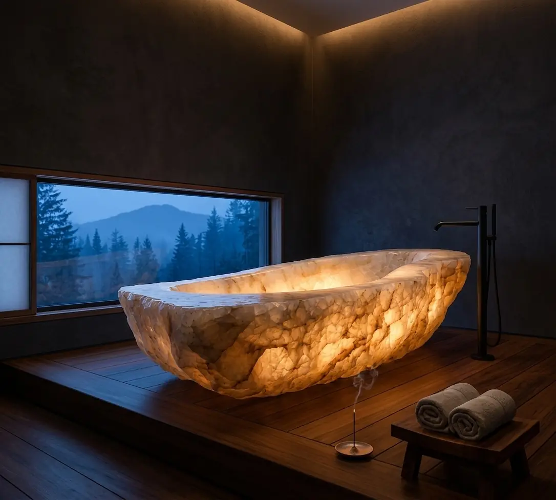 Glowing crystal bath in a mountain cabin at dusk